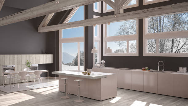 istock Modern kitchen in classic villa, loft, big panoramic windows on winter meadow, white and gray minimalist interior design 883969022