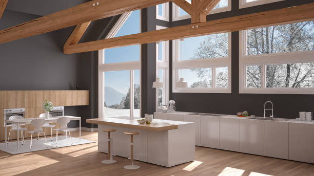 istock Modern kitchen in classic villa, loft, big panoramic windows on winter meadow, white and gray minimalist interior design 883969102