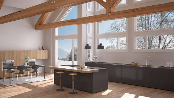 istock Modern kitchen in classic villa, loft, big panoramic windows on winter meadow, white and gray minimalist interior design 883969196