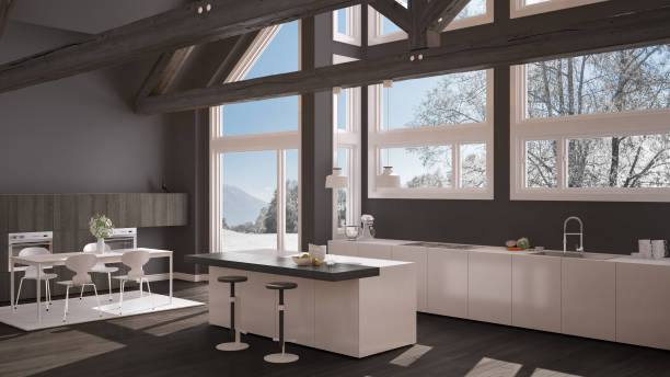 istock Modern kitchen in classic villa, loft, big panoramic windows on winter meadow, white and gray minimalist interior design 883969258