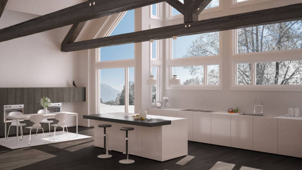 istock Modern kitchen in classic villa, loft, big panoramic windows on winter meadow, white and gray minimalist interior design 883969362