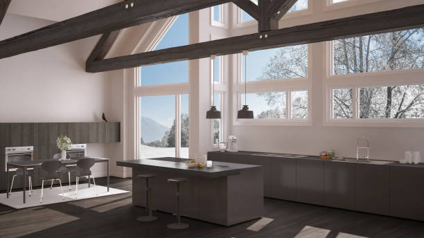 istock Modern kitchen in classic villa, loft, big panoramic windows on winter meadow, white and gray minimalist interior design 883969422