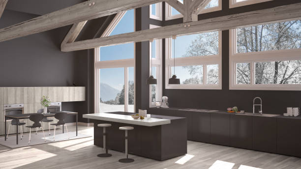 istock Modern kitchen in classic villa, loft, big panoramic windows on winter meadow, white and gray minimalist interior design 883969458