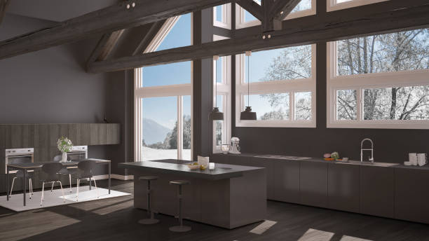 istock Modern kitchen in classic villa, loft, big panoramic windows on winter meadow, gray minimalist interior design 883969544