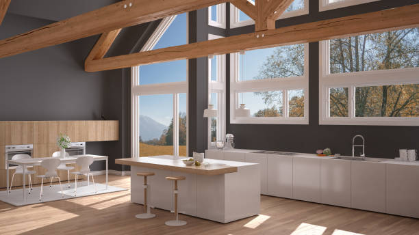 istock Modern kitchen in classic villa, loft, big panoramic windows on autumn meadow, white and gray minimalist interior design 883969648