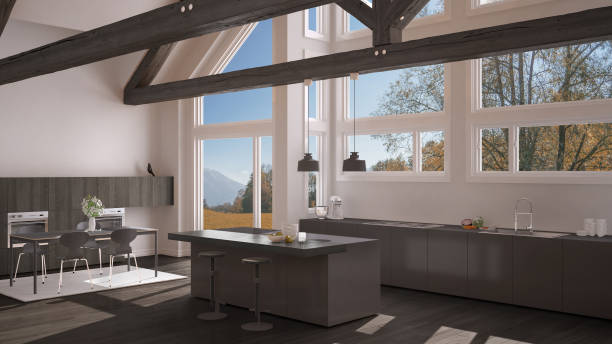 istock Modern kitchen in classic villa, loft, big panoramic windows on autumn meadow, white and gray minimalist interior design 883969710