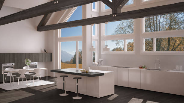 istock Modern kitchen in classic villa, loft, big panoramic windows on autumn meadow, white and gray minimalist interior design 883969804