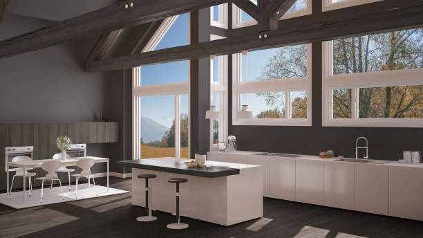 istock Modern kitchen in classic villa, loft, big panoramic windows on autumn meadow, white and gray minimalist interior design 883969824