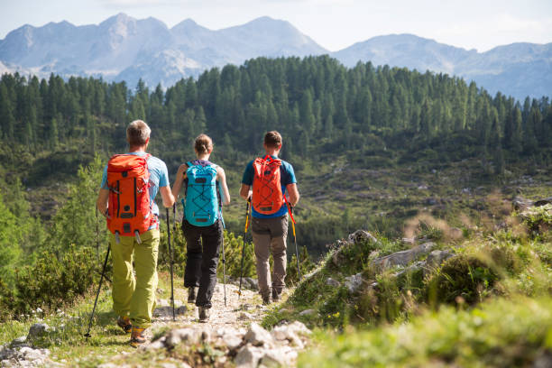 istock Hikers hiking through mountain trail 883969844