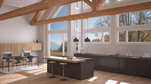 istock Modern kitchen in classic villa, loft, big panoramic windows on autumn meadow, white and gray minimalist interior design 883969874