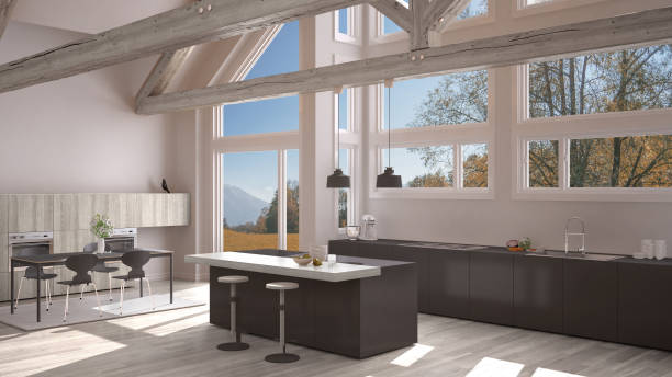 istock Modern kitchen in classic villa, loft, big panoramic windows on autumn meadow, white and gray minimalist interior design 883969960