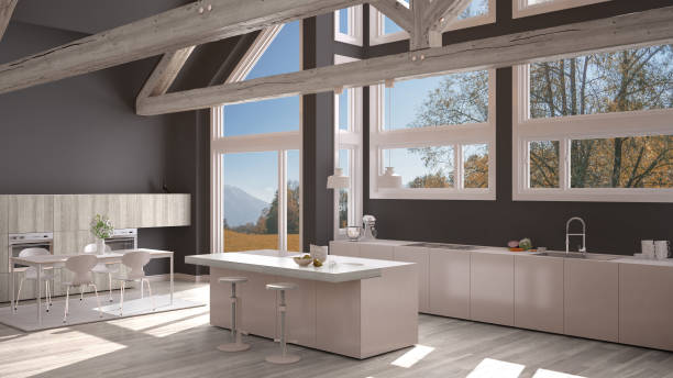 istock Modern kitchen in classic villa, loft, big panoramic windows on autumn meadow, white and gray minimalist interior design 883970090