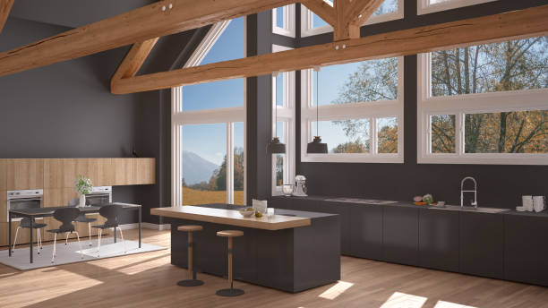 istock Modern kitchen in classic villa, loft, big panoramic windows on autumn meadow, white and gray minimalist interior design 883970212