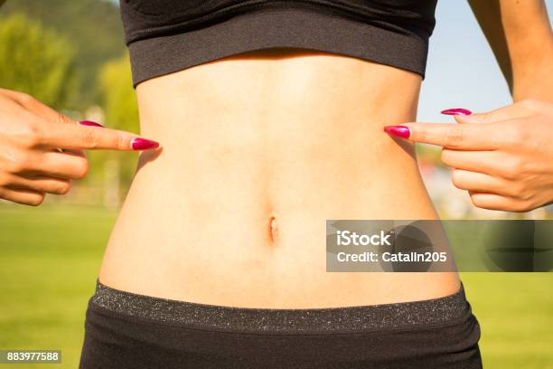 Nahaufnahme Von Frau Zeigefinger Am Bauch Stockfoto und mehr Bilder von Bauch - Bauch, Horizontal, Muskel