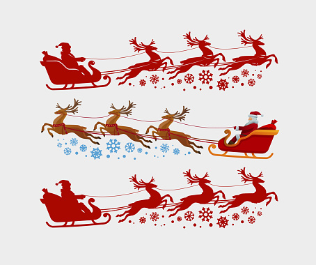 Santa Claus rides in sleigh pulled by reindeer. Christmas, xmas concept. Vector illustration