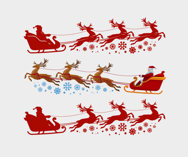 Santa Claus rides in sleigh pulled by reindeer. Christmas, xmas concept. Silhouette vector illustration Santa Claus rides in sleigh pulled by reindeer. Christmas, xmas concept. Vector illustration animal sleigh stock illustrations