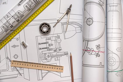Using Color On Engineering Drawing The Engineering Drawing With Work Tools Stock Photo - Download Image ...