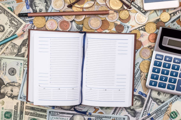 istock dollar, euro coin, phone, calculator, notepad, pen and pencil 883990856