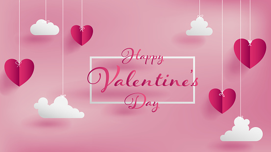 Valentine's day of craft paper design,contain pink hearts and clouds are holding by sting on top,soft pink background feel like fluffy in the air,Happy Valentine's Day text in middle with white border