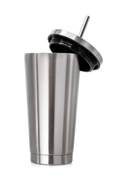 istock Steel mug isolated on white background. Large water bottle for keeping temperature. Big stainless cup for your design. Clipping paths object. 883995562