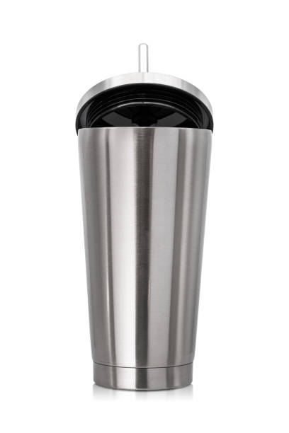 istock Steel mug isolated on white background. Large water bottle for keeping temperature. Big stainless cup for your design. Clipping paths object. 883995586