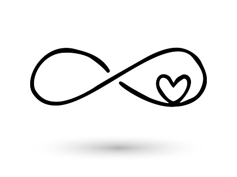 Infinity symbol with heart. Icon hand drawn with ink brush. Modern doodle with outline. Endless love, wedding, engagement concept. Graphic design element invitation, card, tattoo. Vector illustration