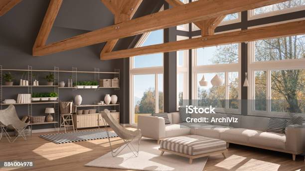 Living Room Of Luxury Eco House Parquet Floor And Wooden Roof Trusses Panoramic Window On Autumn Meadow Modern White And Gray Interior Design Stock Photo - Download Image Now