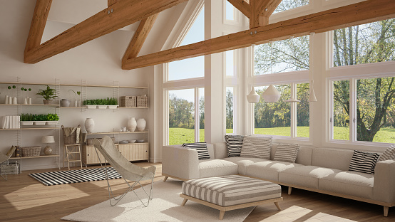 Living room of luxury eco house, parquet floor and wooden roof trusses, panoramic window on summer spring meadow, modern white interior design
