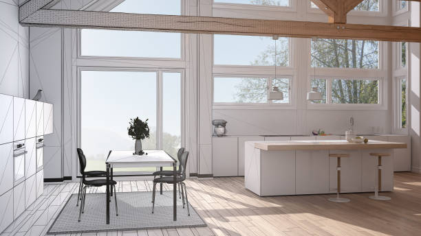 istock Unfinished project of modern kitchen in classic villa, loft, big panoramic windows, minimalist interior design 884008694