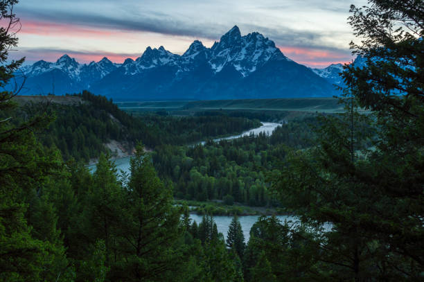 Sunset at Snake river viewpoint in Grand Teton national park stock photo