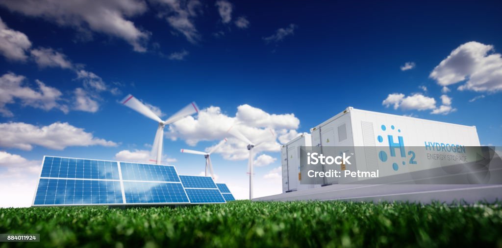 Ecology energy solution. Power to gas concept. Ecology energy solution. Power to gas concept. Hydrogen energy storage with renewable energy sources - photovoltaic and wind turbine power plant in a fresh nature. 3d rendering. Hydrogen Stock Photo