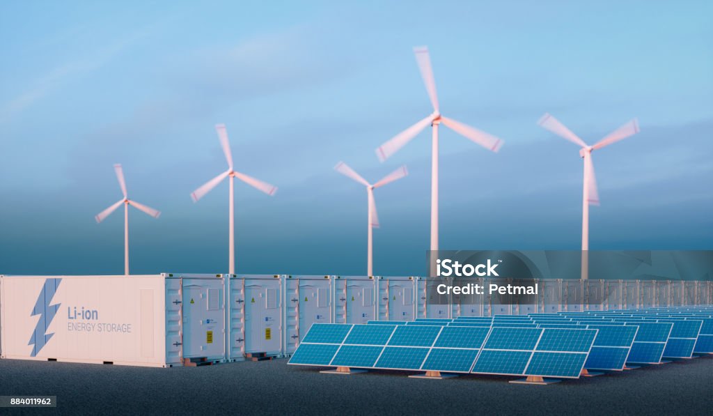 Battery energy storage concept in nice morning light. Battery energy storage concept in nice morning light. Battery energy storage with renewable energy sources - photovoltaic and wind turbine power plant farm. 3d rendering. Lithium-Ion Battery Stock Photo