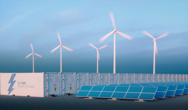 Battery energy storage concept in nice morning light. Battery energy storage concept in nice morning light. Battery energy storage with renewable energy sources - photovoltaic and wind turbine power plant farm. 3d rendering. lithium ion battery stock pictures, royalty-free photos & images