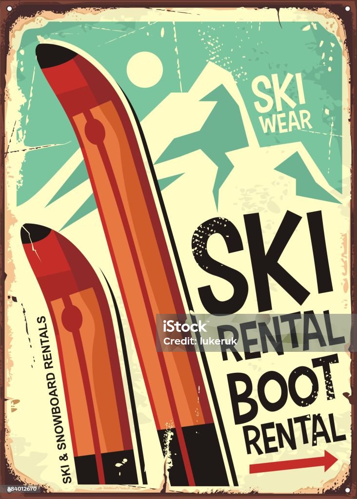 Ski location rétro signe la conception - clipart vectoriel de Paire de skis libre de droits