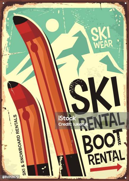Ski Location Rétro Signe La Conception Vecteurs libres de droits et plus d'images vectorielles de Paire de skis - Paire de skis, Style rétro, D'autrefois