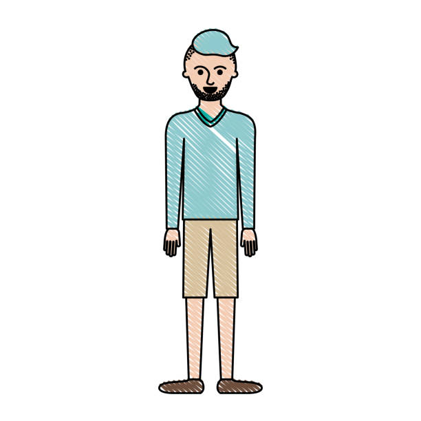 man full body with t-shirt long sleeve and short pants and shoes with high fade haircut and stubble beard in colored crayon silhouette man full body with t-shirt long sleeve and short pants and shoes with high fade haircut and stubble beard in colored crayon silhouette vector illustration fade in stock illustrations