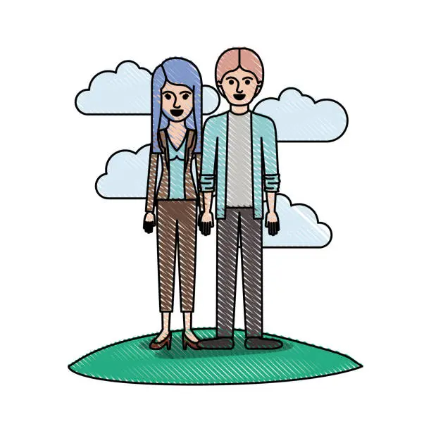 Vector illustration of couple in colored crayon silhouette scene outdoor and her with blouse and jacket and pants and heel shoes with layered hair and him with shirt and jacket and pants and shoes with middle part hairstyle