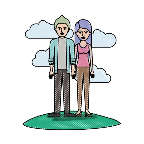 Vector illustration of couple in colored crayon silhouette scene outdoor and him with shirt and jacket and pants and shoes with short hair and her with t-shirt sleeveless and pants and heel shoes with long straight hair