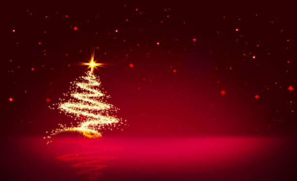 Golden Christmas tree and red star sky Christmas tree with lights isolated on red star sky background. schmuckkörbchen stock illustrations