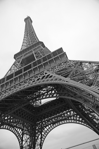 Black and white close-up of the Eiffel Tower