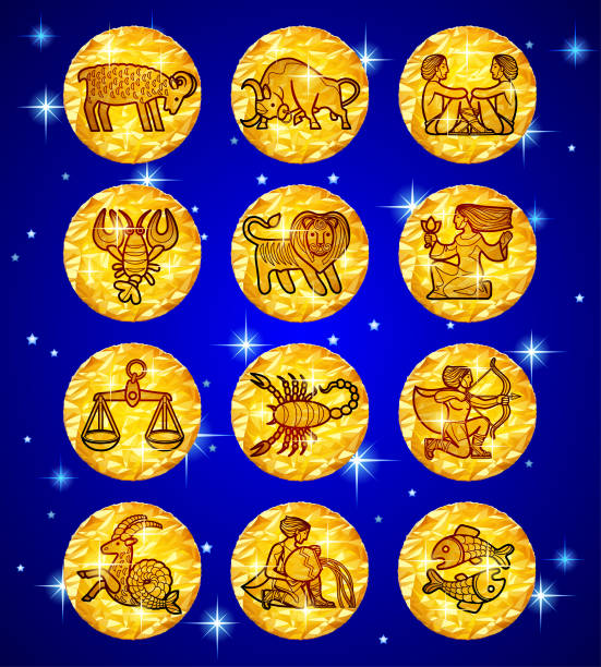 ilustrações de stock, clip art, desenhos animados e ícones de set gold foil circles with zodiac symbols on blue starry background - aquarius astrology sign line art flowing water