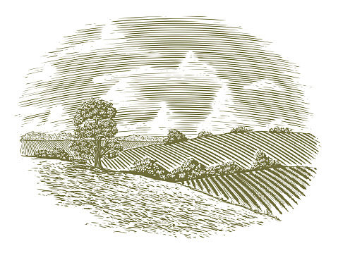 Woodcut illustration of a country scene.