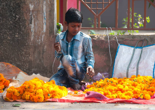A young boy, market trader threads marigold flower heads onto twine with a needle to make garlands, to sell by the roadside at a market in a Madhya Pradesh town,, India