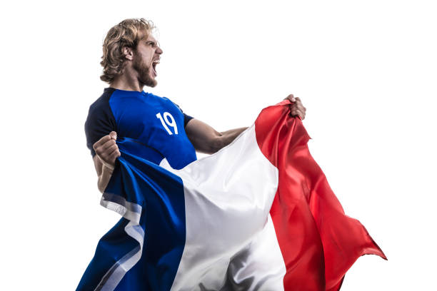 istock French male athlete / fan celebrating on white background 884048558