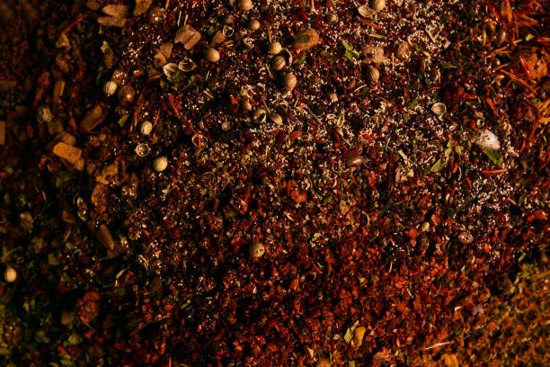 Mix of Indian herbs and spices forming a background pattern, top view, close-up