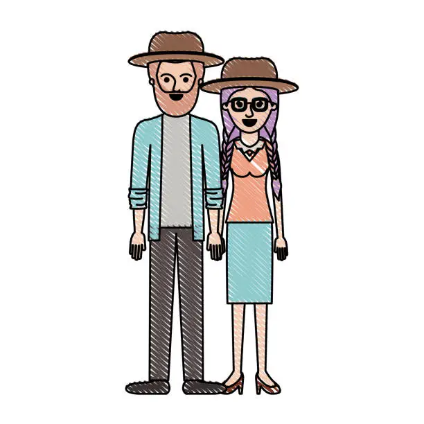 Vector illustration of couple in colored crayon silhouette and both with hat and him with beard and shirt and jacket and pants and shoes and her with glasses blouse and skirt and heel shoes with braided hair