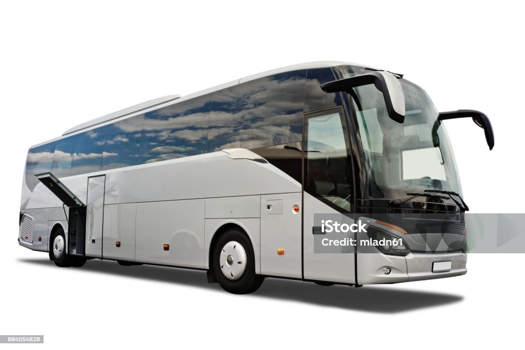 Tour bus with open luggage compartment. White coach bus with open luggage compartment, isolated on white background with a drop shadow. Bus Stock Photo