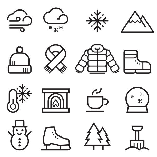 winter dünne linie symbole - warme kleidung stock-grafiken, -clipart, -cartoons und -symbole