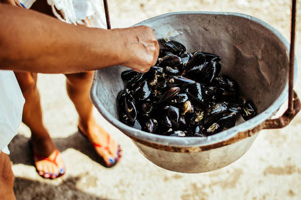 Man cooking mussels on pot.