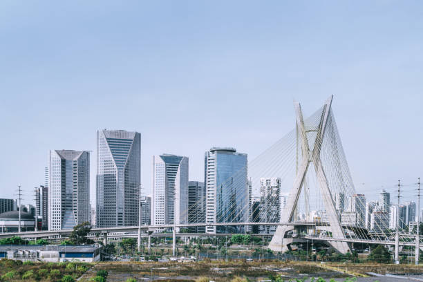 Famous cable stayed bridge at Sao Paulo city Estaiada Bridge Octavio Frias de Oliveira in Sao Paulo, Brazil cable stayed bridge stock pictures, royalty-free photos & images